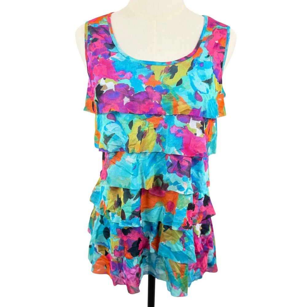 Fashion Bug Women M Tiered Tank Top Colorful Abstract Floral Mesh Ruffle Summer